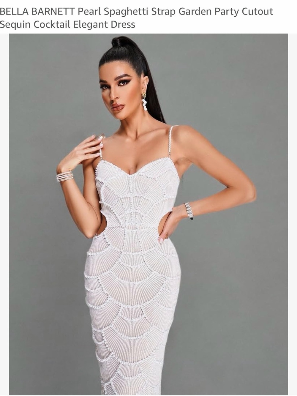 Bella Barnett White Pearl-Embellished Spaghetti Strap Midi Dress